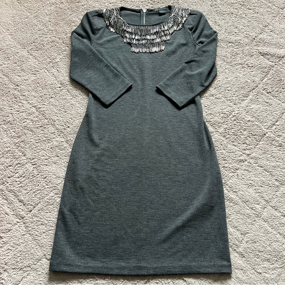 Armani Exchange Fringe Neck 3/4 Sleeve Dress‎ Minimalist Formal Elegant Size S